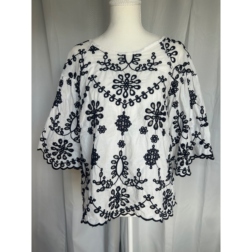 White Navy Eyelet Embroidered Bell Sleeve,Cottage core, Victorian. 118